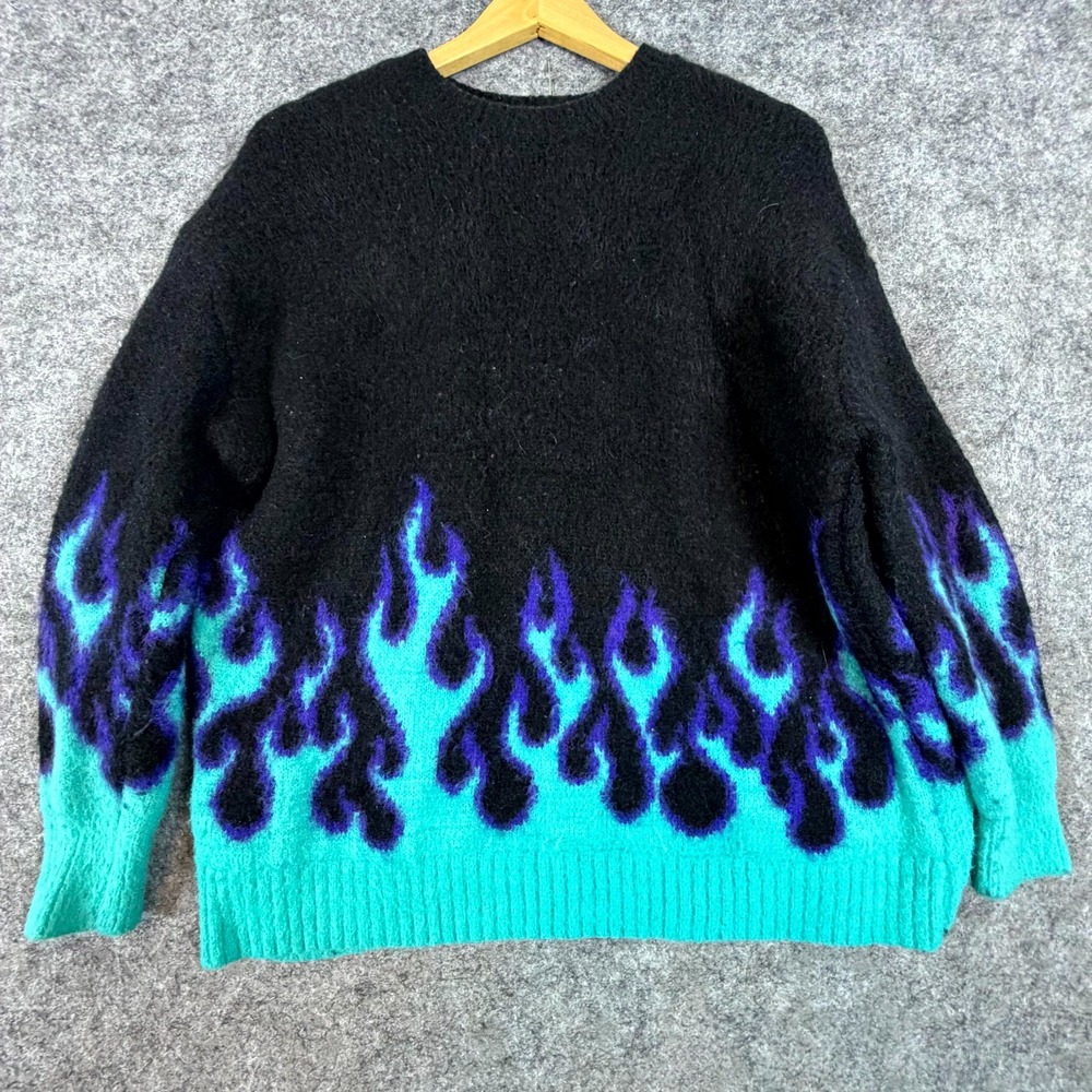 Adika Fuzzy Sweater Womens Large Black Teal Blue Boxy Flames Feisty Heavy Fire